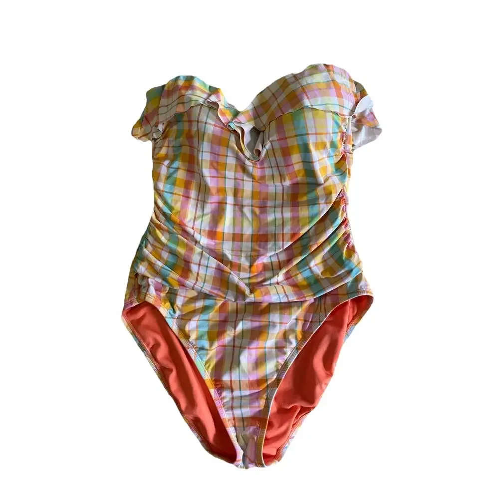 Bleu by Rod Beattie Multi Hip to be Square Shirred One-Piece Sz 12 orange plaid